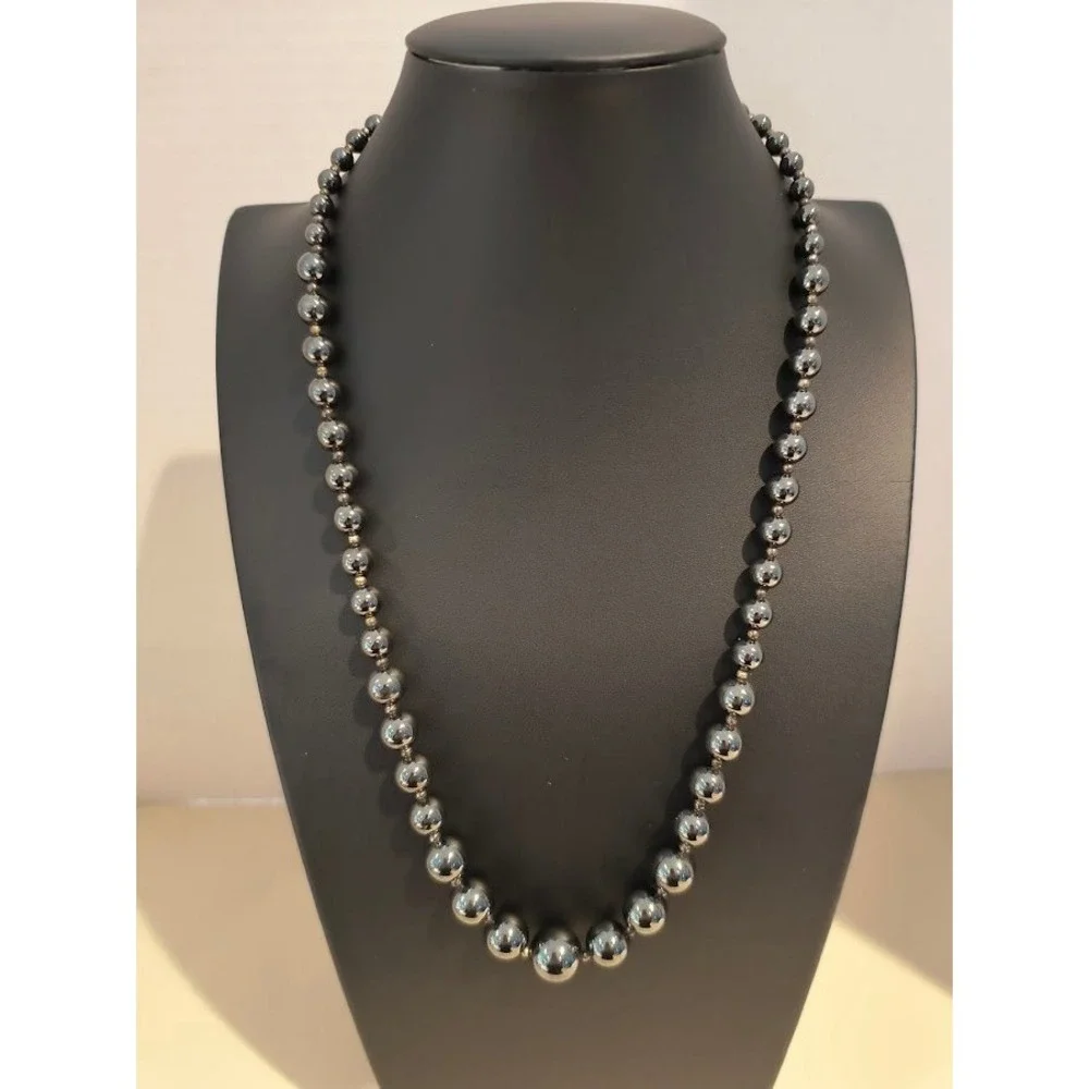 Vintage Hematite Beaded Necklace Graduated Beads Clasp Closure Statement Jewelry